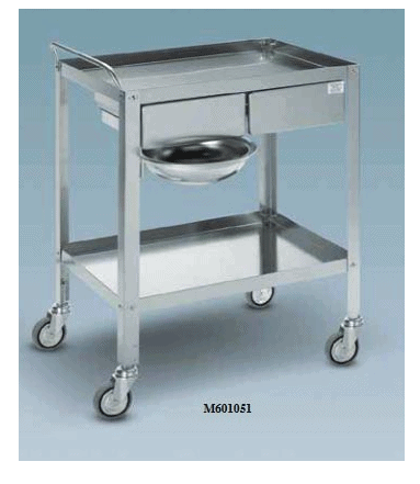 Carucior instrumentar cu 2 sertare, 2 rafturi si bol