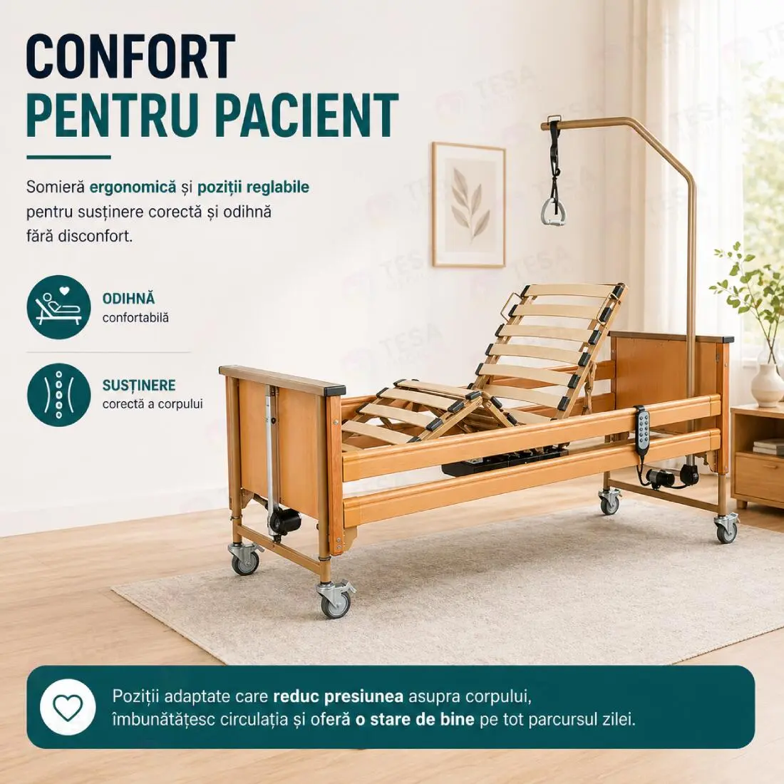 Pat electric medical spital, somieră din lemn, cu 5 funcții, reglabil, cu laterale și ridicare electrică pe secțiuni - imagine 4